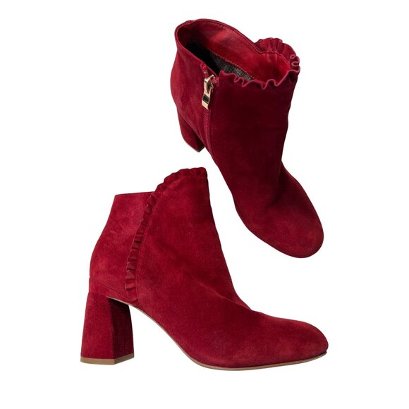 Azura Red Suede Ruffle Heel Booties 8.5 - Picture 2 of 9